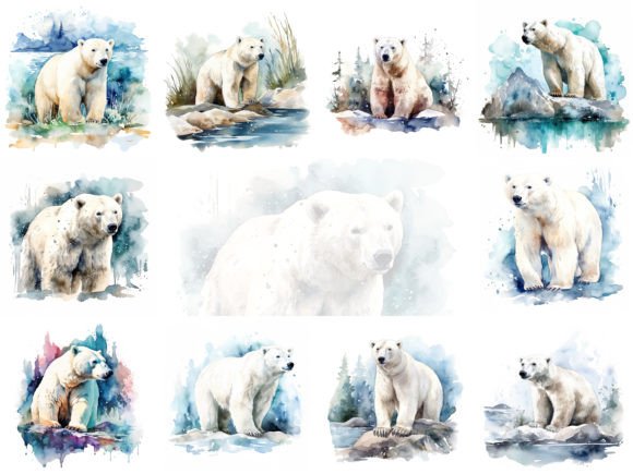 Arctic Elegance: A Set of 10 Polar Bear Watercolor Illustrations