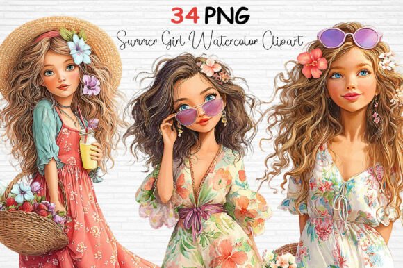 Summer Girl Watercolor Clipart PNG: A Whimsical Design Asset