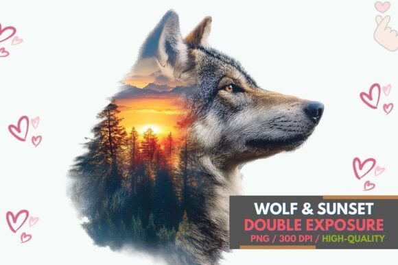 Wolf Forest Sunset Double Exposure: A Bold Design Asset